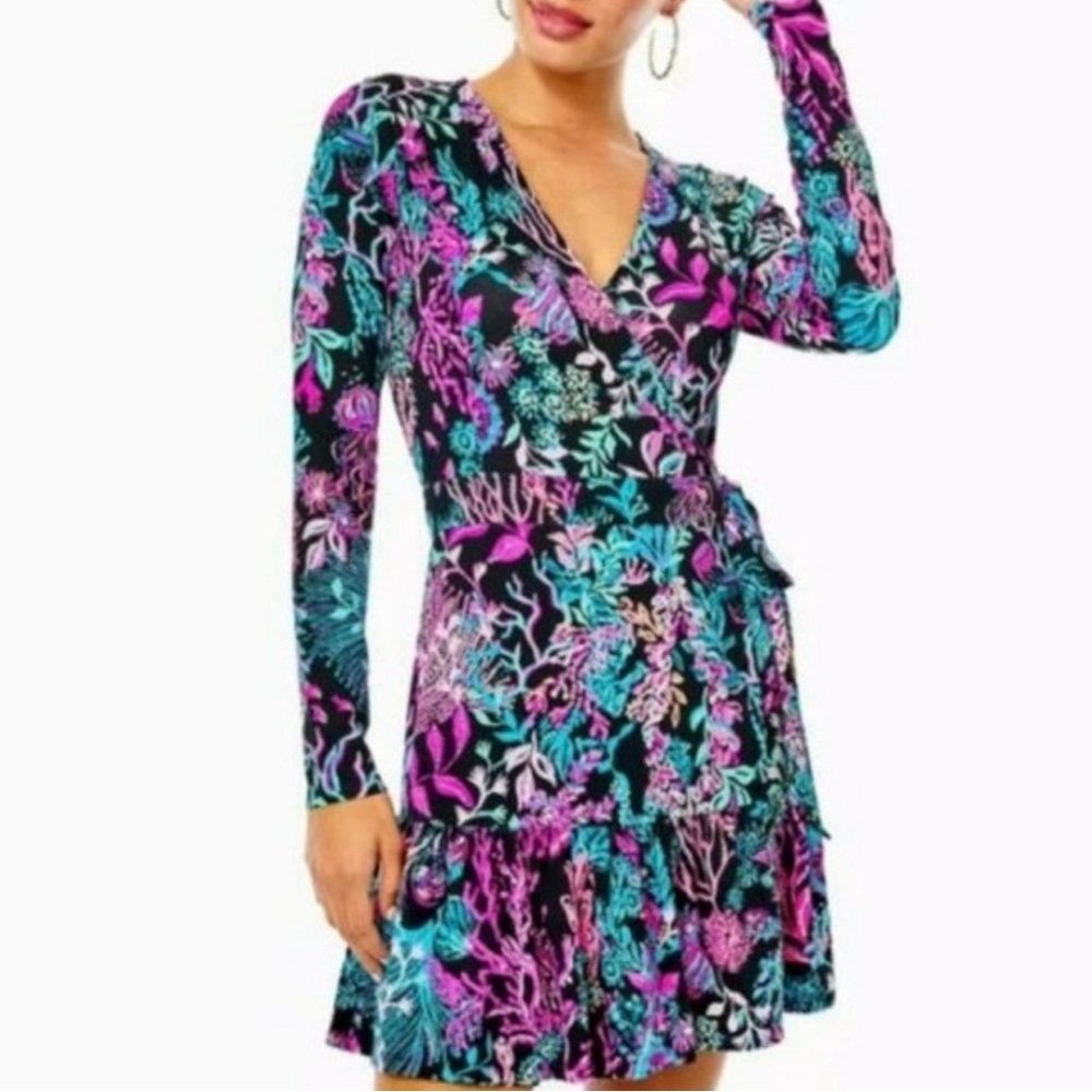 Lilly‎ Pulitzer Misha Dress Long Sleeve Wrap Romper Onyx Twilight Coral Size XXS